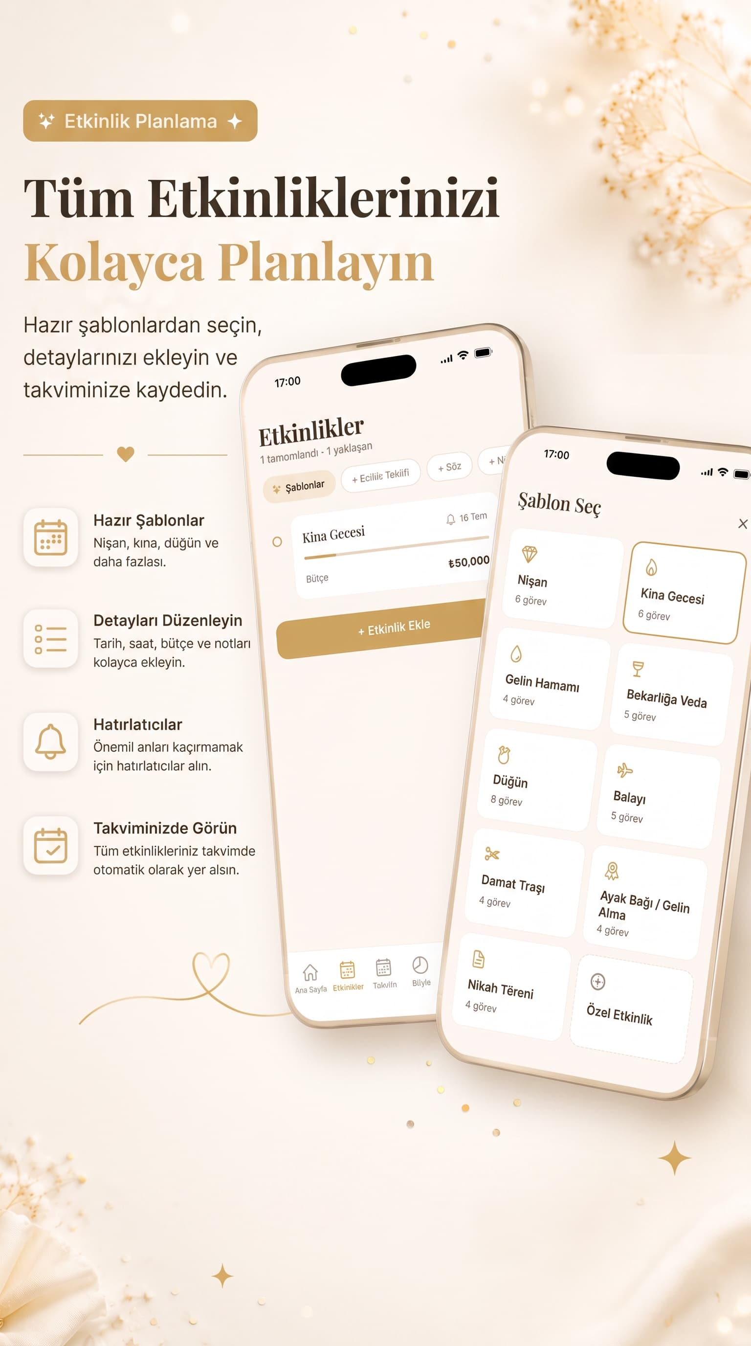 Düğün Asistanı hazır etkinlik şablonları